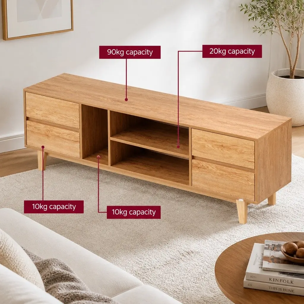 TV Unit Lowline Storage Drawers Open Shelves 180cm Natural Wood