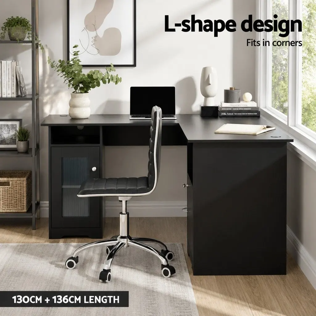 L-Shaped Computer Desk Home Office Study Corner Table Storage Drawers Cabinet