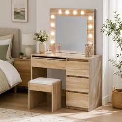 LED Dressing Table with Padded Stool and Storage Drawers