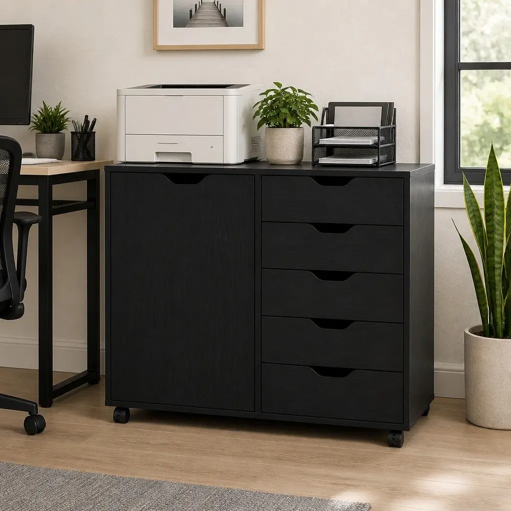 Mobile Filing Cabinet 5 Drawer Storage Unit with Door Black Home Office