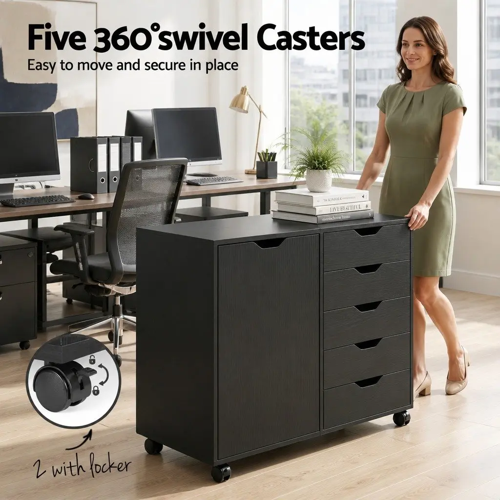 Mobile Filing Cabinet 5 Drawer Storage Unit with Door Black Home Office