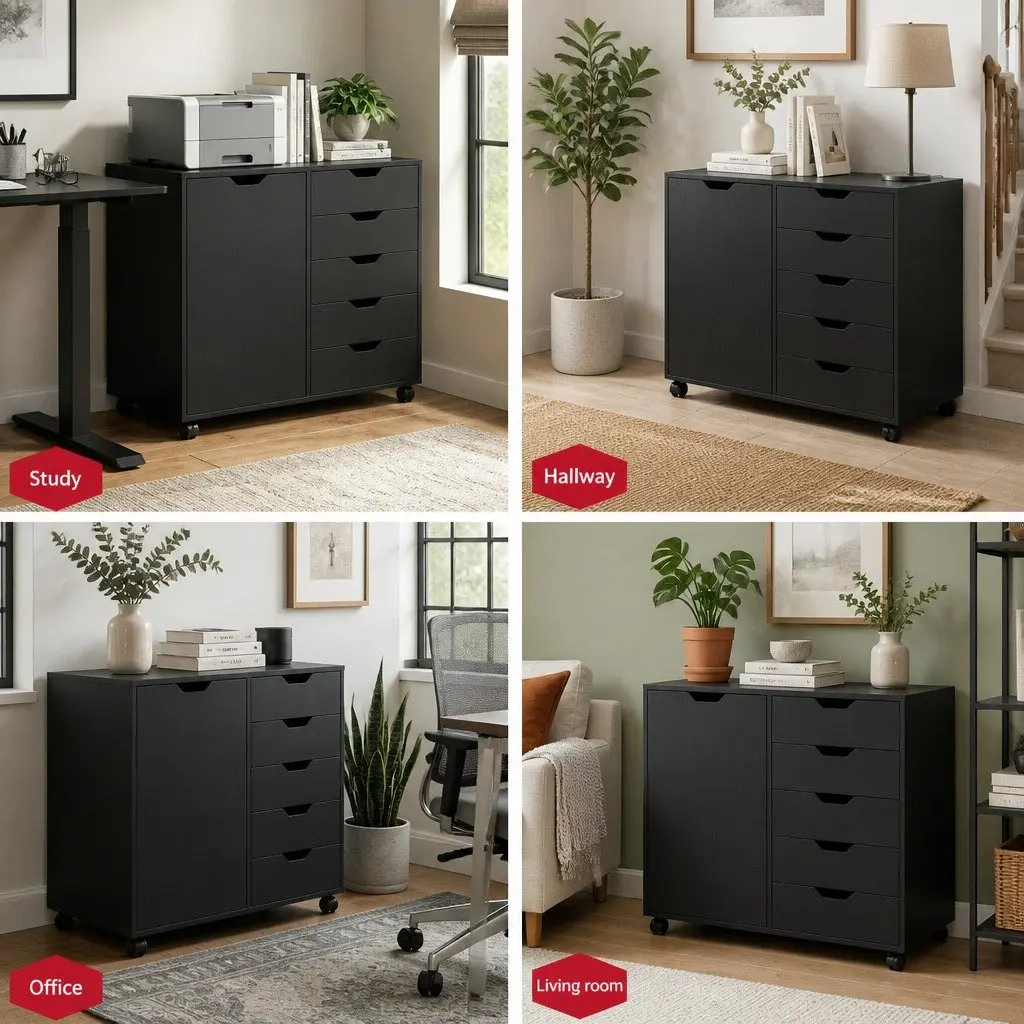 Mobile Filing Cabinet 5 Drawer Storage Unit with Door Black Home Office