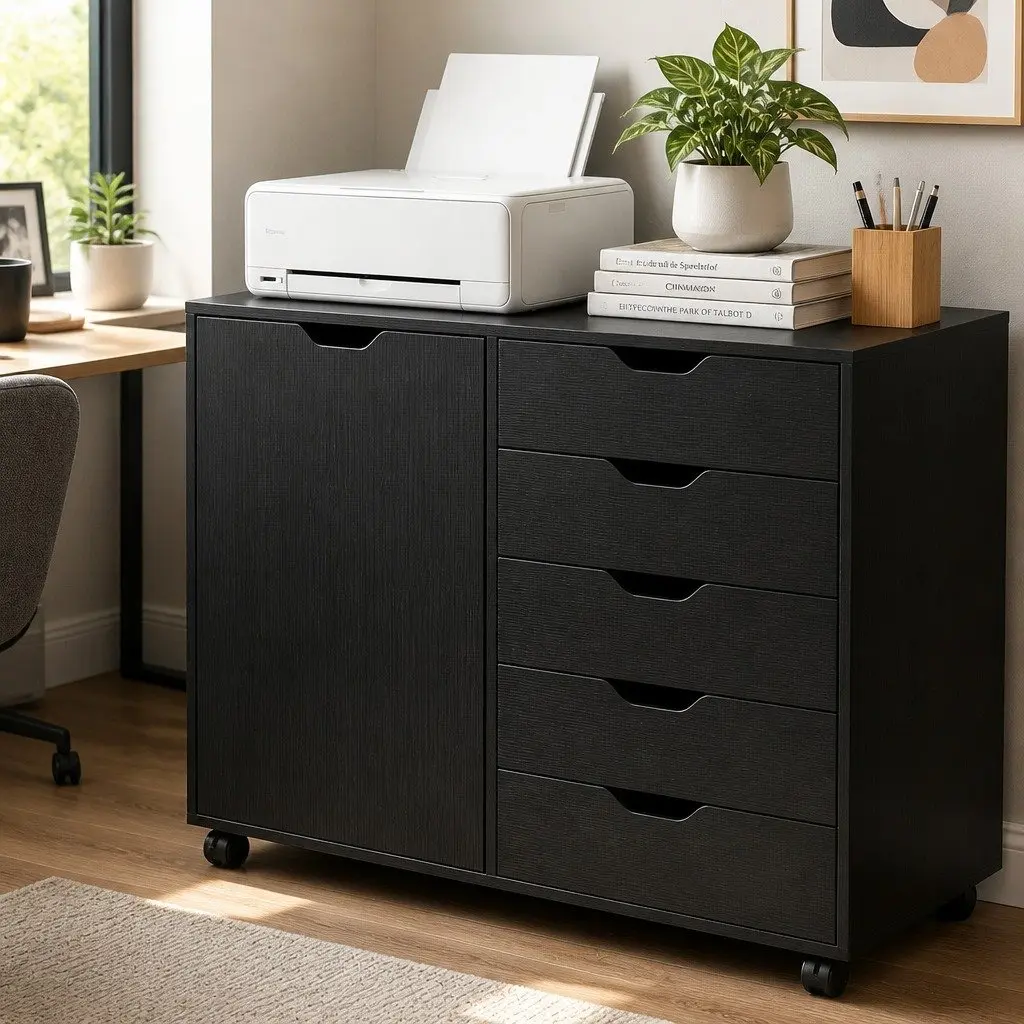 Mobile Filing Cabinet 5 Drawer Storage Unit with Door Black Home Office