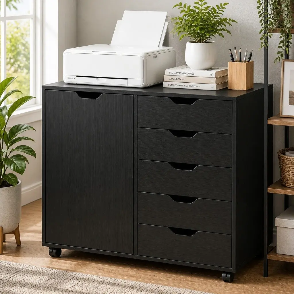 Mobile Filing Cabinet 5 Drawer Storage Unit with Door Black Home Office