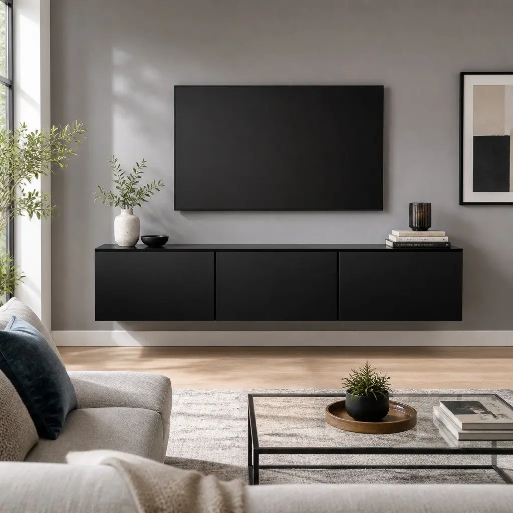 Wall-Mounted Black TV Cabinet with 3 Storage Compartments