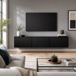 Wall-Mounted Black TV Cabinet with 3 Storage Compartments