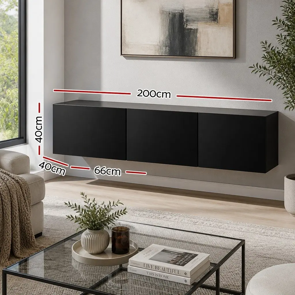 Wall-Mounted Black TV Cabinet with 3 Storage Compartments