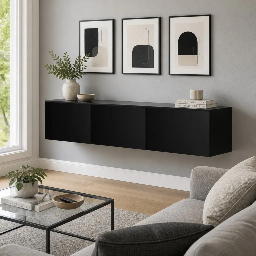 Wall-Mounted Black TV Cabinet with 3 Storage Compartments