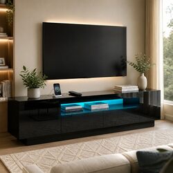 180cm Black TV Unit with Storage and LED Lighting