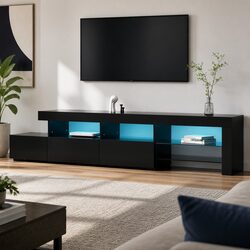 LED TV Cabinet 215cm Black with Glass Shelves