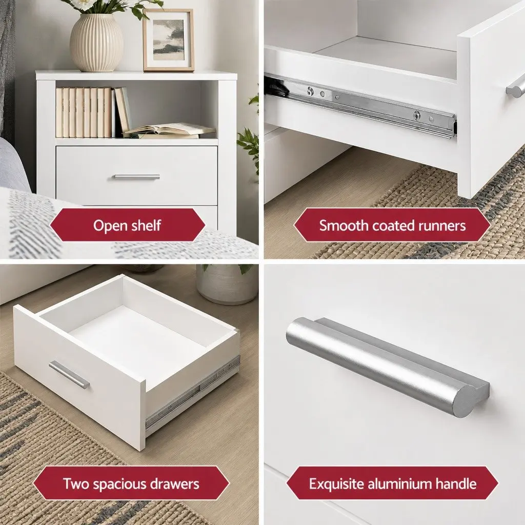 Bedside Table with 2 Drawers and Open Shelf