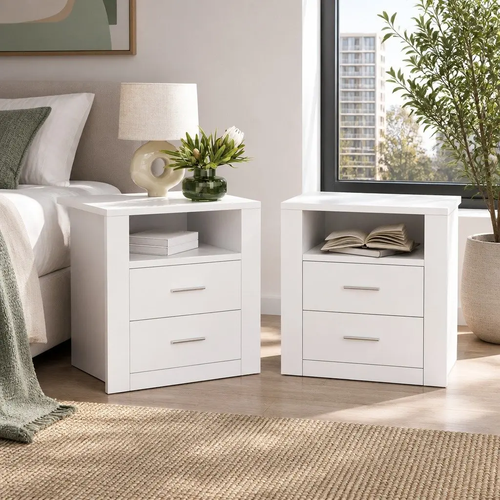 Bedside Table with 2 Drawers and Open Shelf