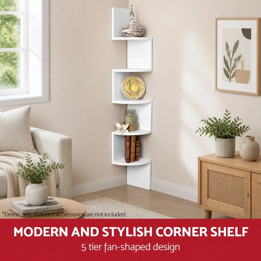 Corner Floating Shelf 5-Tier White Space Saving Unit for Storage and Display