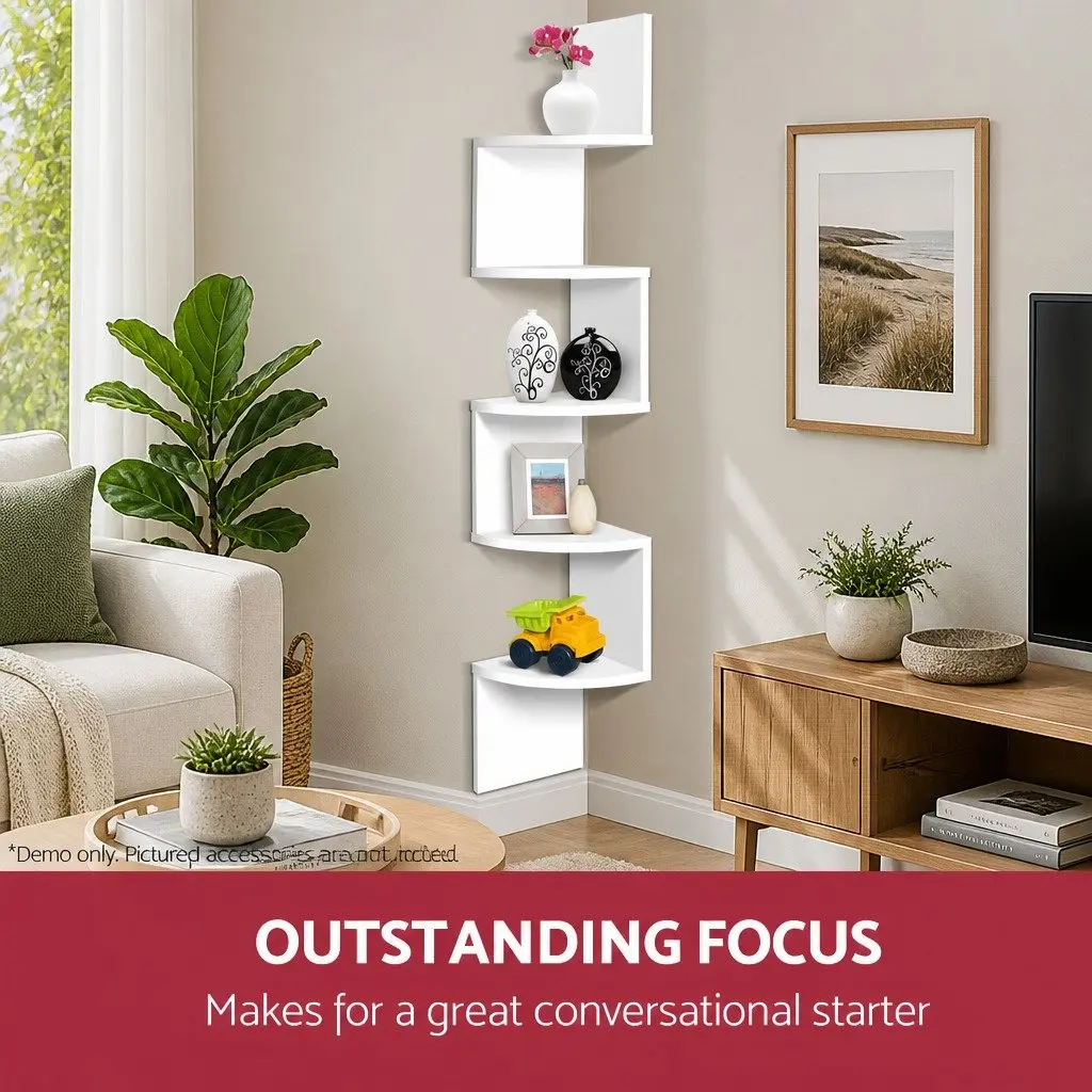 Corner Floating Shelf 5-Tier White Space Saving Unit for Storage and Display