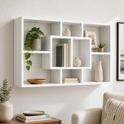 8-Compartment White Floating Shelf for Wall or Floor