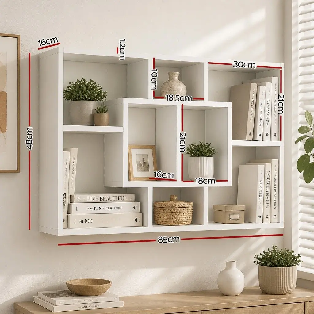 Floating Wall Shelf White Display Unit 8 Compartments Living Room