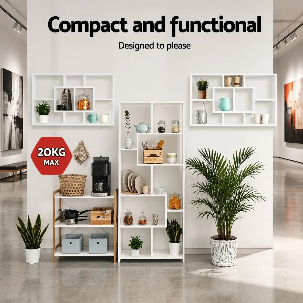 Floating Wall Shelf White Display Unit 8 Compartments Living Room