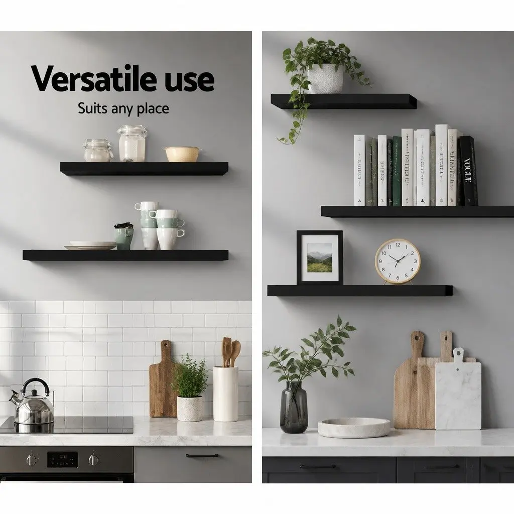 Floating Wall Shelf Set of 3 Black Display Storage Home Office