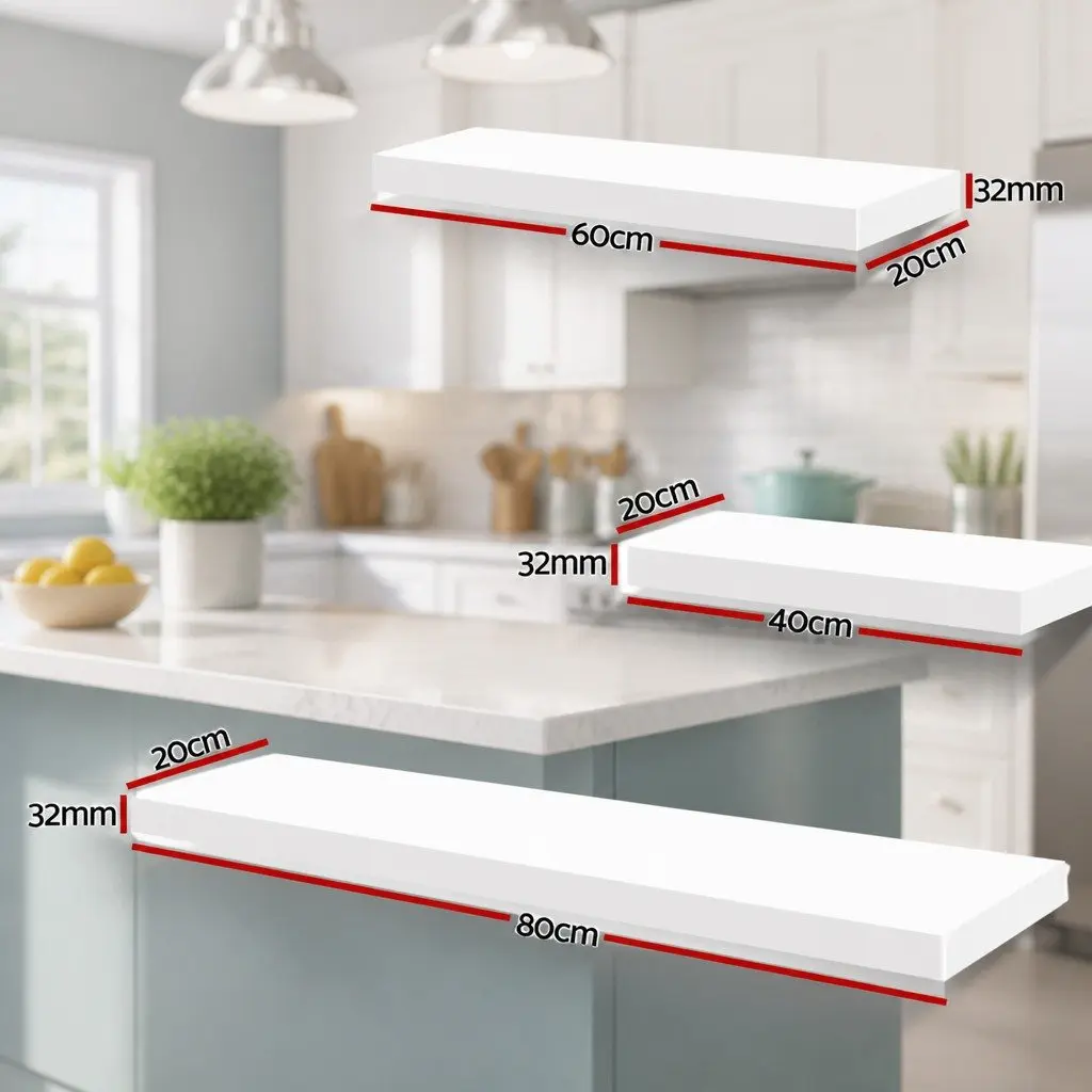 Floating Wall Shelf Set of 3 White Display Storage Home Office 40cm 60cm 80cm