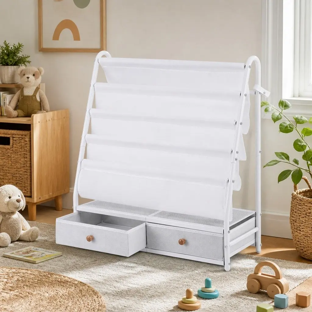 Metal Kids Bookshelf Toy Organiser with Removable Fabric Drawers White 70cm x 28cm x 76cm
