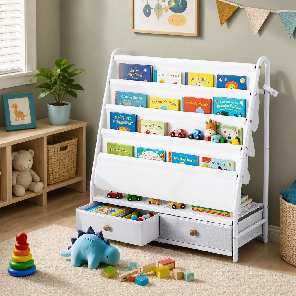 Metal Kids Bookshelf Toy Organiser with Removable Fabric Drawers White 70cm x 28cm x 76cm
