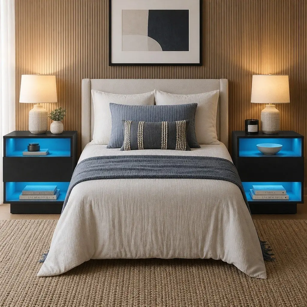 Black Modern Bedside Table with LED Lighting