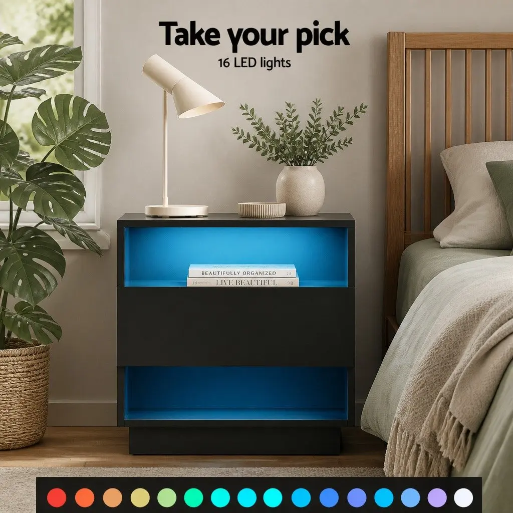 Black Modern Bedside Table with LED Lighting