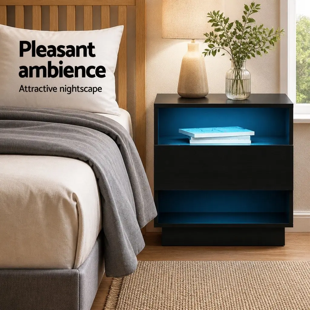 Black Modern Bedside Table with LED Lighting
