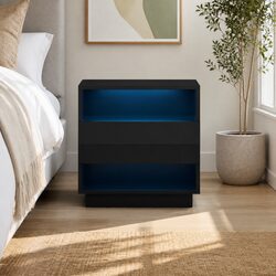 LED Lighting Bedside Table with Two Shelves and Drawer