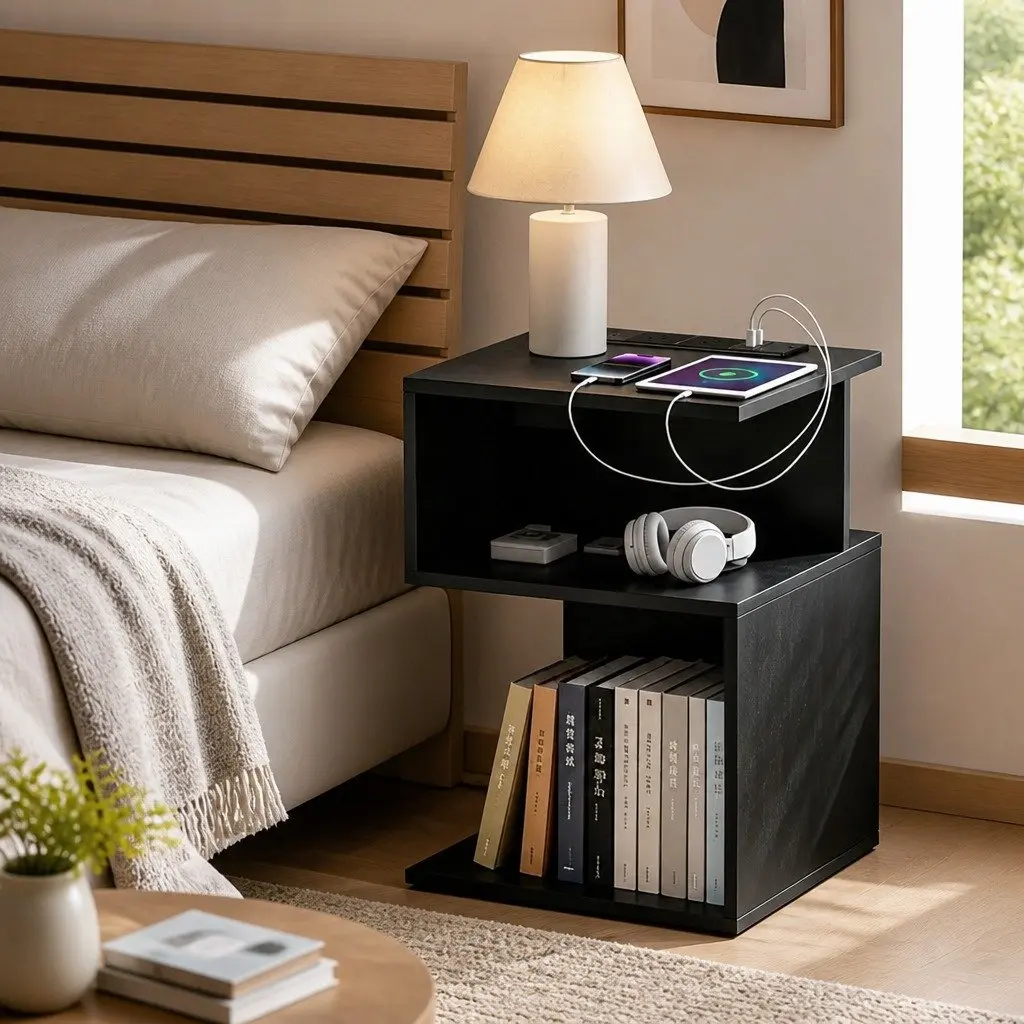 Bedside Table S-Shaped Charging Station 33cm Black
