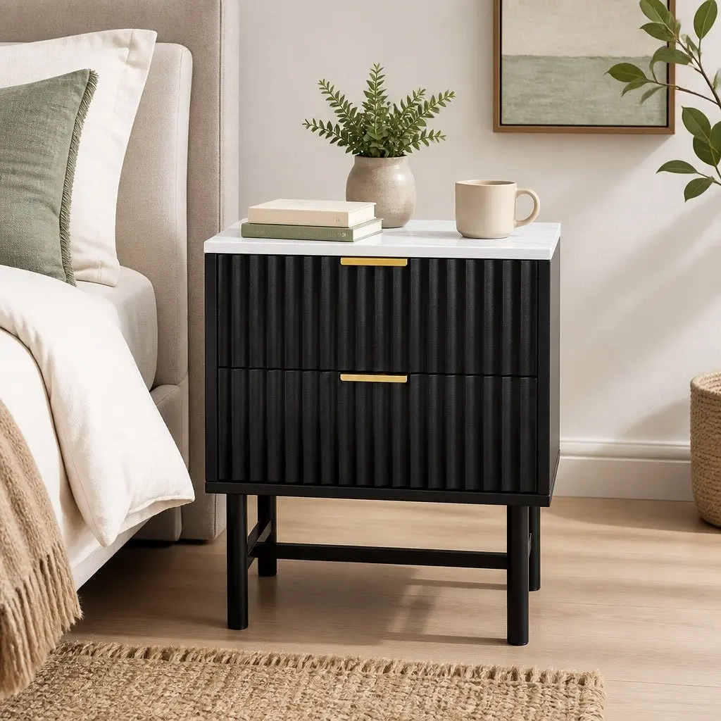 Bedside Table Compact Storage 2 Drawers Black White