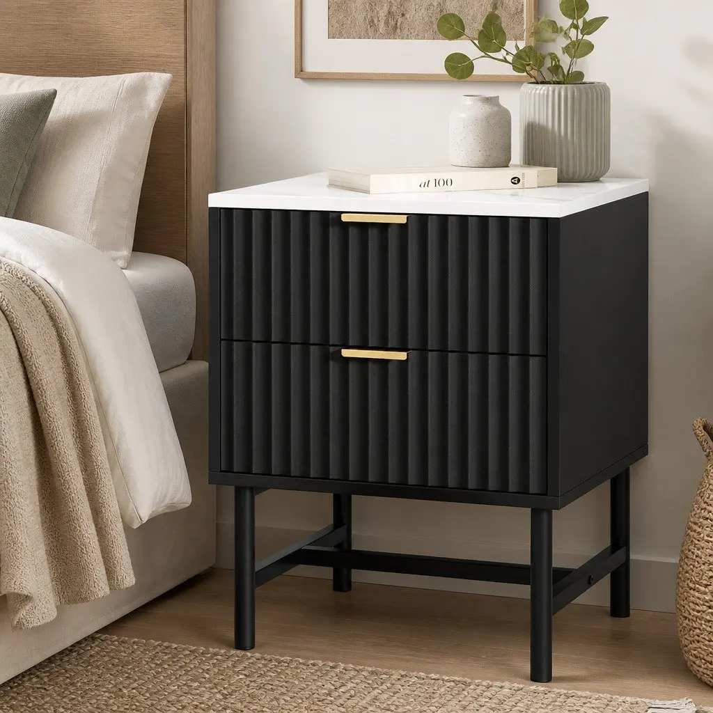 Bedside Table Compact Storage 2 Drawers Black White