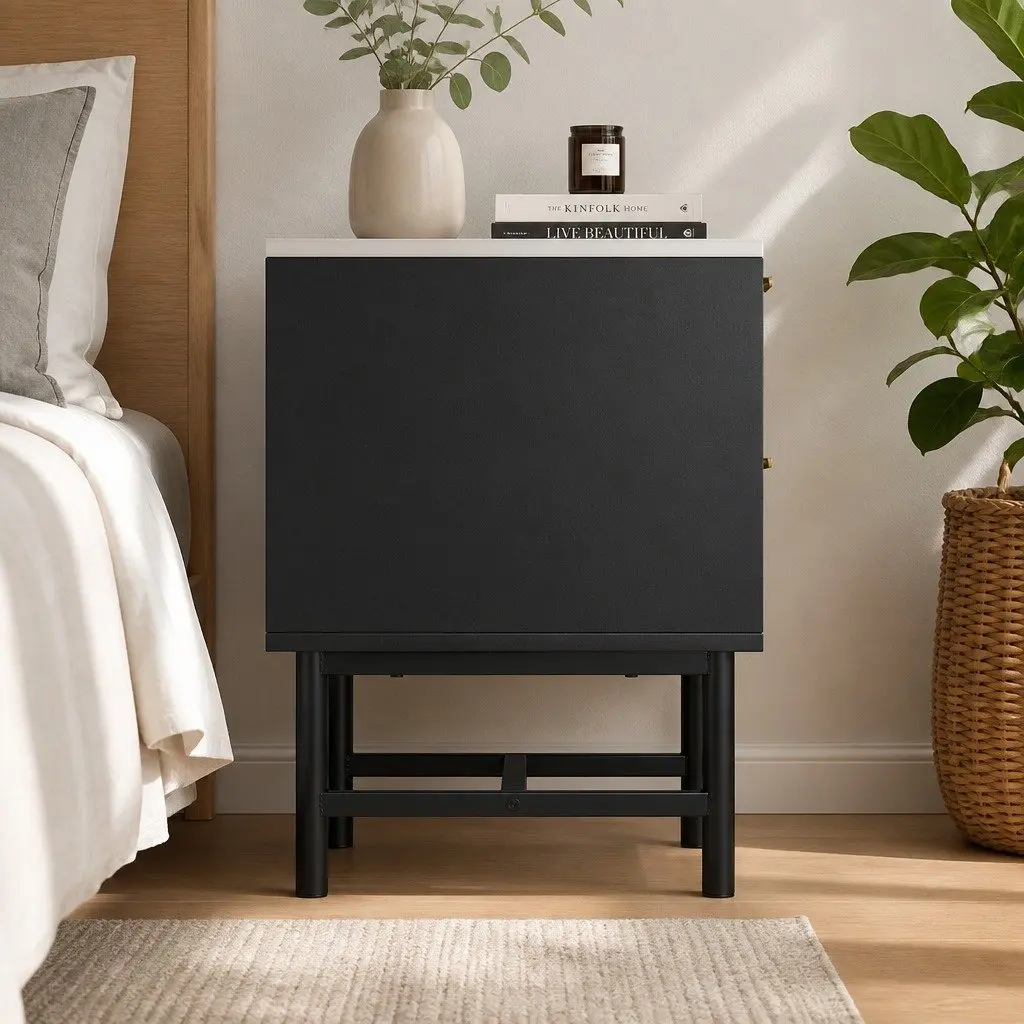 Bedside Table Compact Storage 2 Drawers Black White