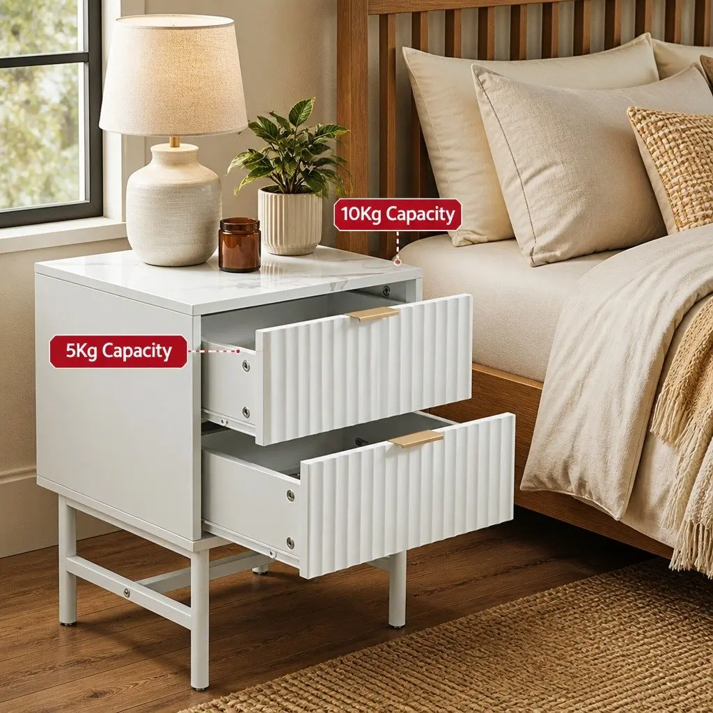 Bedside Table 2 Drawers White Bedroom Nightstand Storage Furniture Assembly
