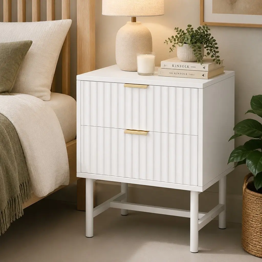 Bedside Table 2 Drawers White Bedroom Nightstand Storage Furniture Assembly