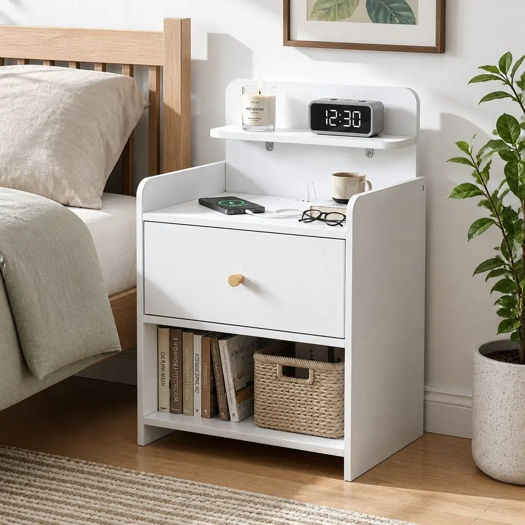 Bedside Table with Charging Station Drawer Storage 40cm x 30cm x 58cm White