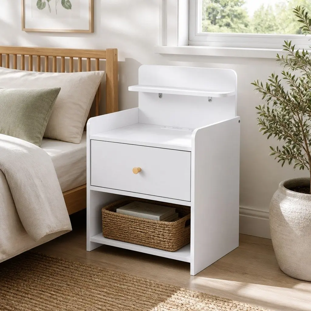 Bedside Table with Charging Station Drawer Storage 40cm x 30cm x 58cm White
