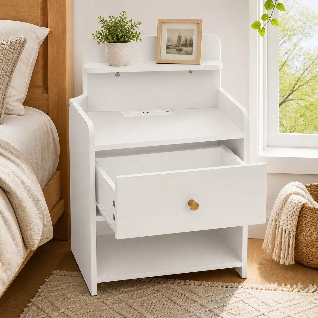 Bedside Table with Charging Station Drawer Storage 40cm x 30cm x 58cm White