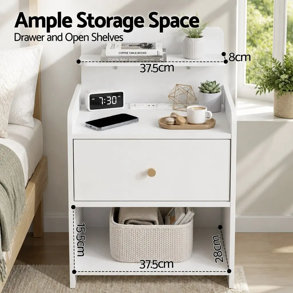 Bedside Table with Charging Station Drawer Storage 40cm x 30cm x 58cm White