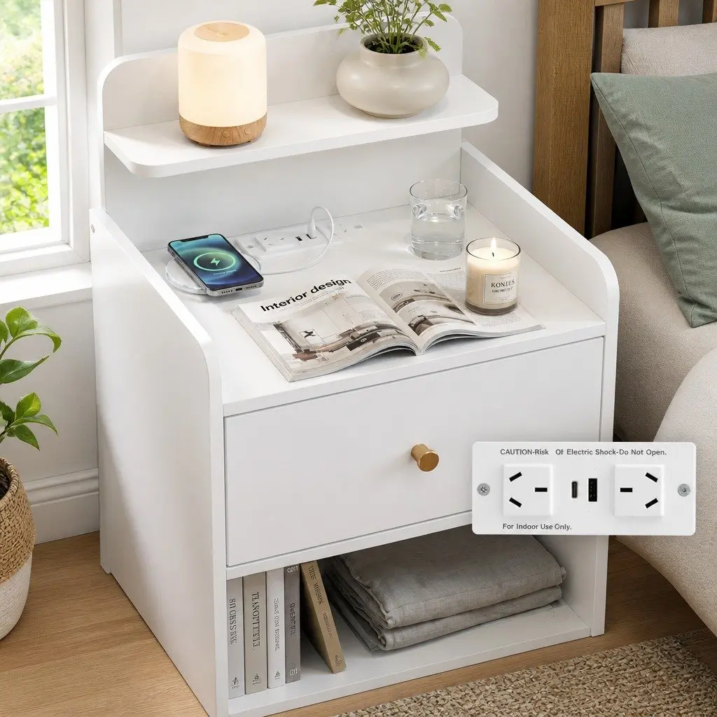 Bedside Table with Charging Station Drawer Storage 40cm x 30cm x 58cm White