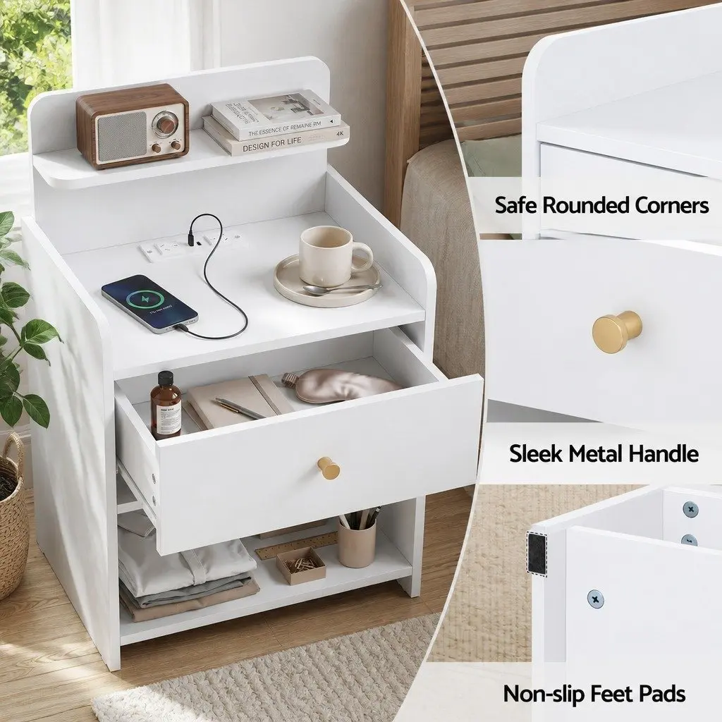 Bedside Table with Charging Station Drawer Storage 40cm x 30cm x 58cm White