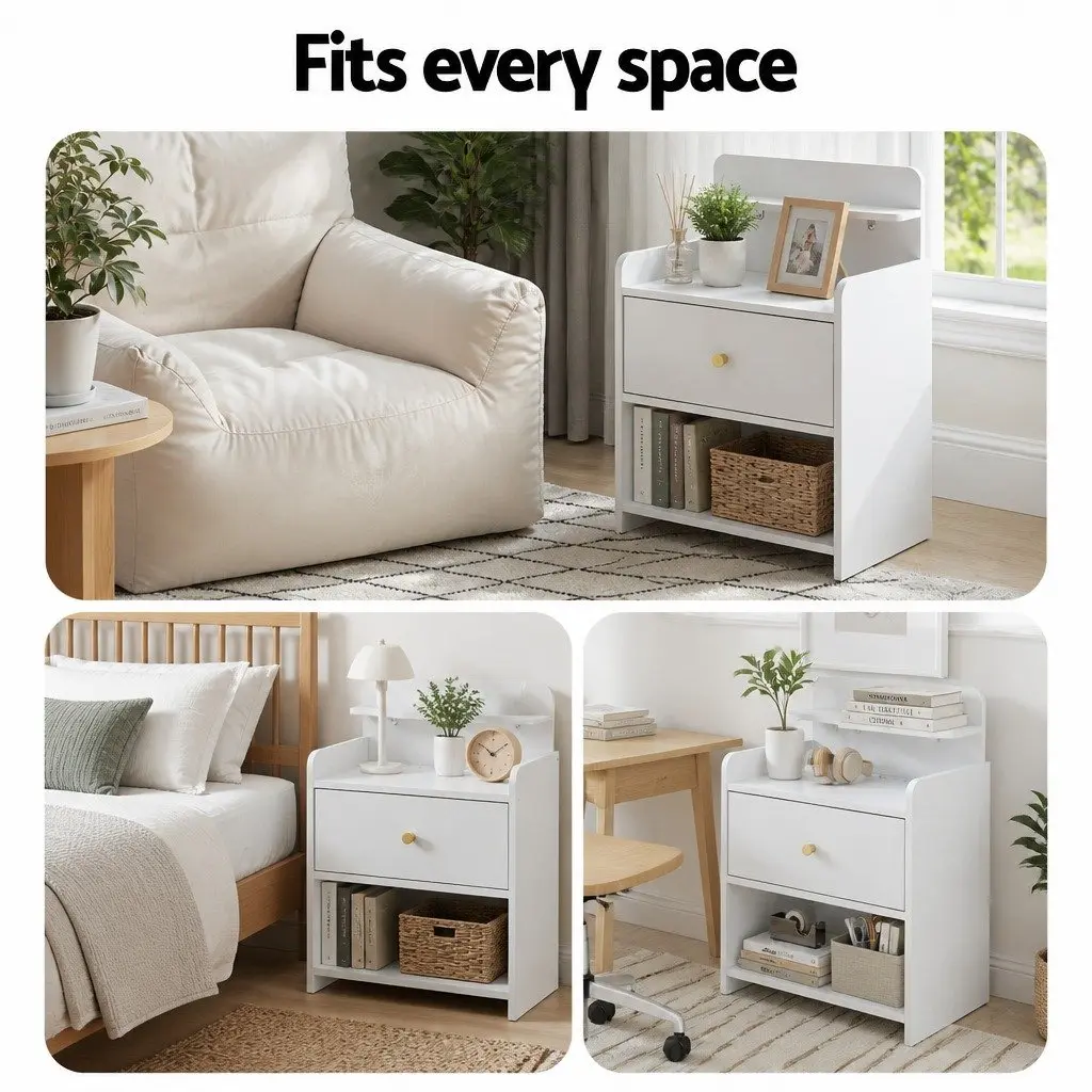 Bedside Table with Charging Station Drawer Storage 40cm x 30cm x 58cm White