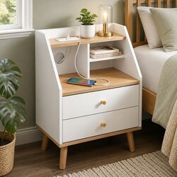 Functional Bedside Table with Charging Station and Shelves