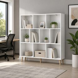 10-Cube 3-Tier Bookshelf with Pine Wood Legs
