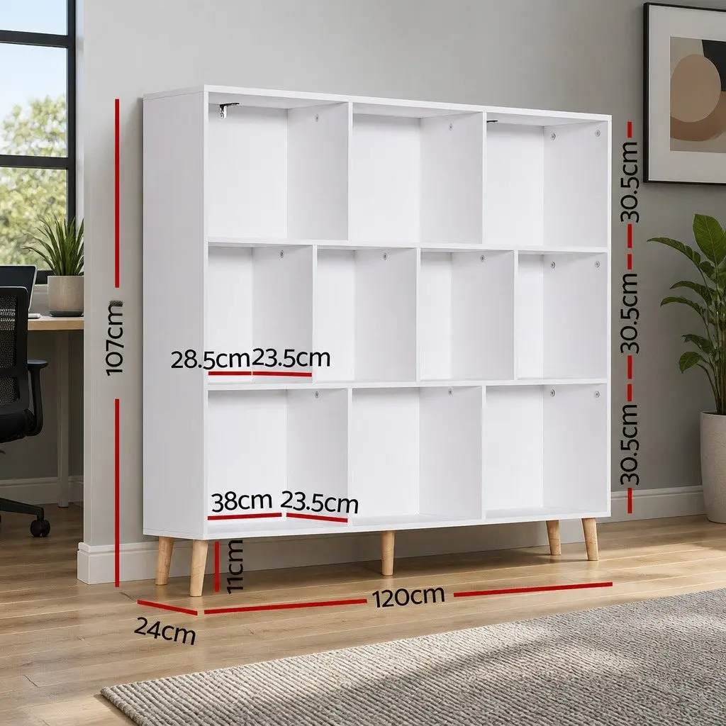 Bookshelf Minimalist 3 Tier 10 Cubes White with Pine Wood Legs