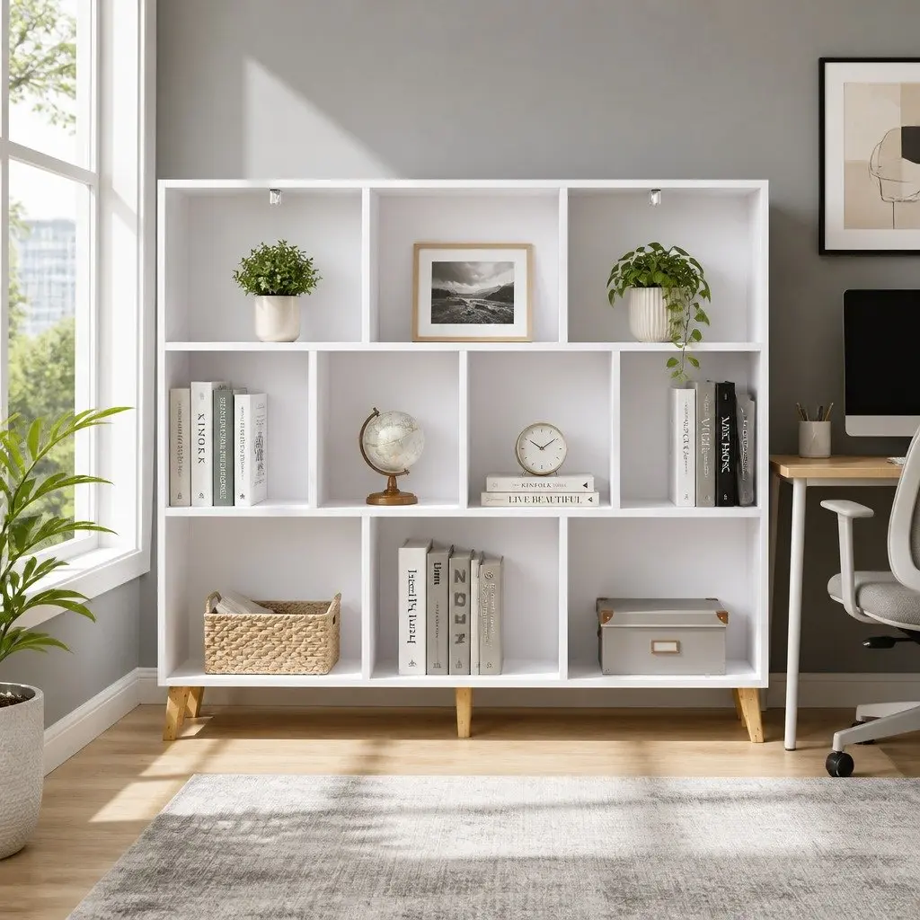 Bookshelf Minimalist 3 Tier 10 Cubes White with Pine Wood Legs