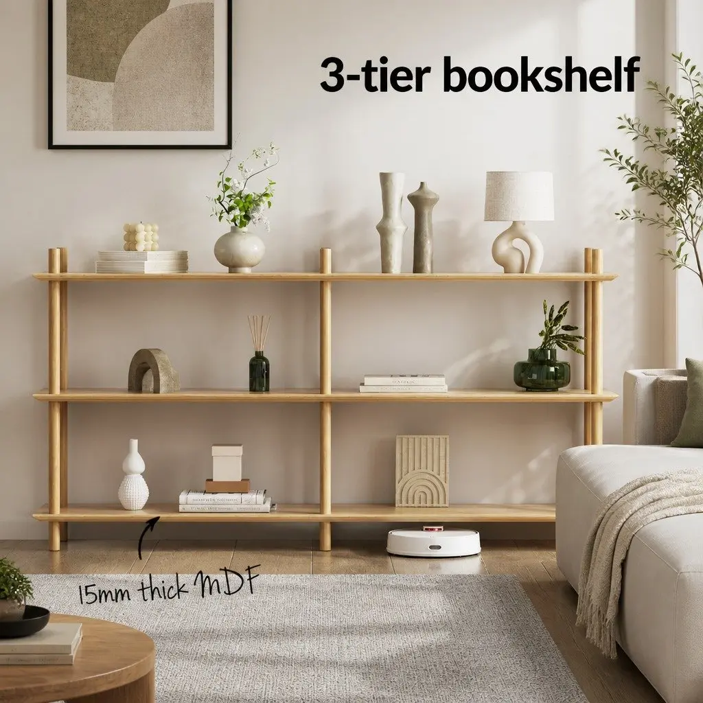 3-Tier Bookshelf Display Stand Storage Rack Wooden Shelves with Anti-Tip Kit