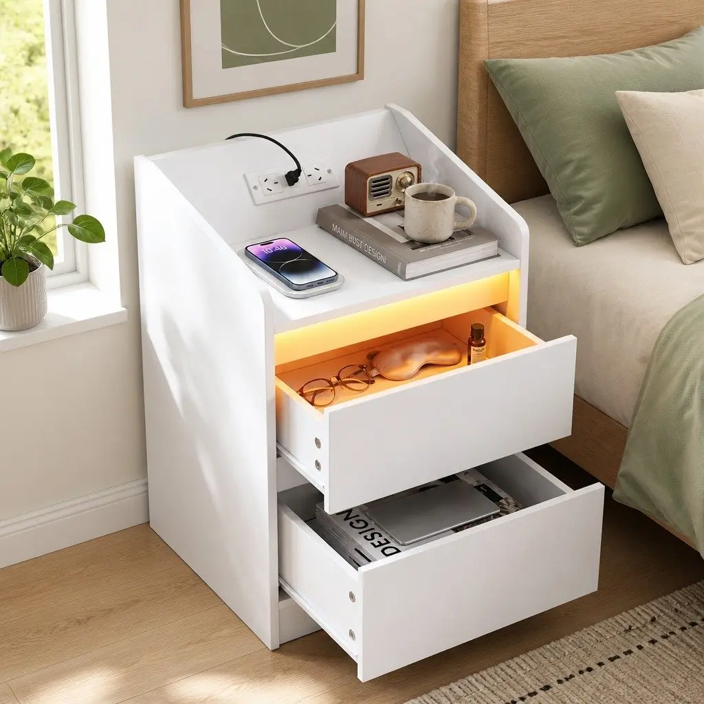 Bedside Table with Charging Station LED Lights 2 Drawers White