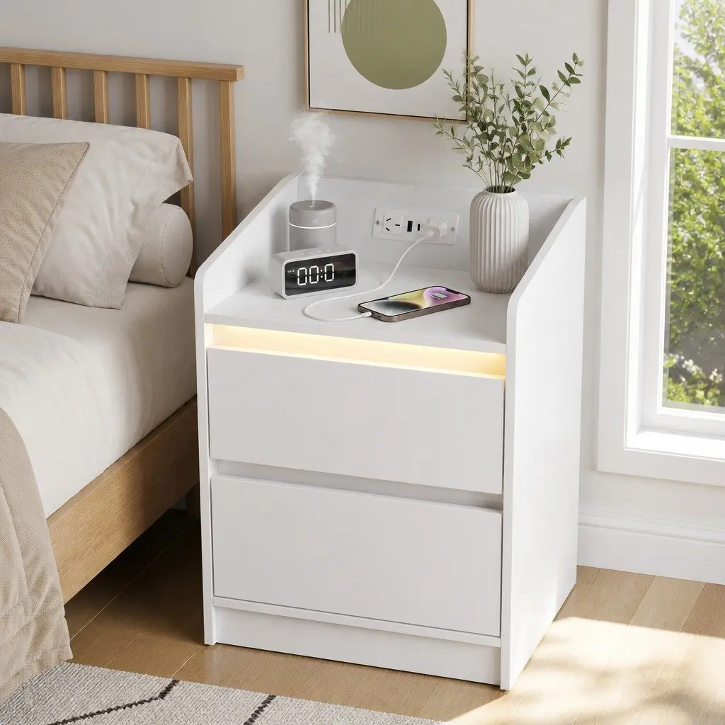 Bedside Table with Charging Station LED Lights 2 Drawers White