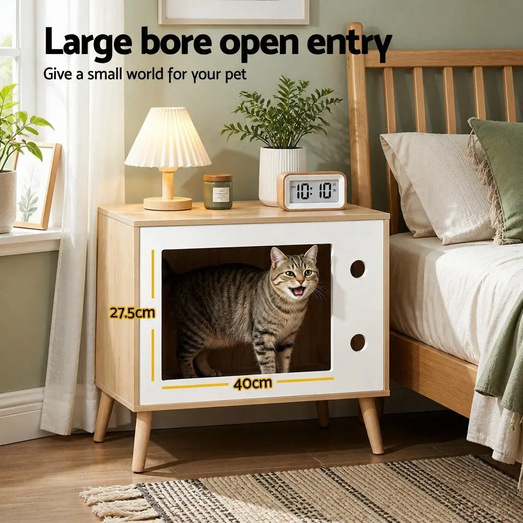 Bedside Table with Cat Nest Modern 60cm Pine Wood MDF White